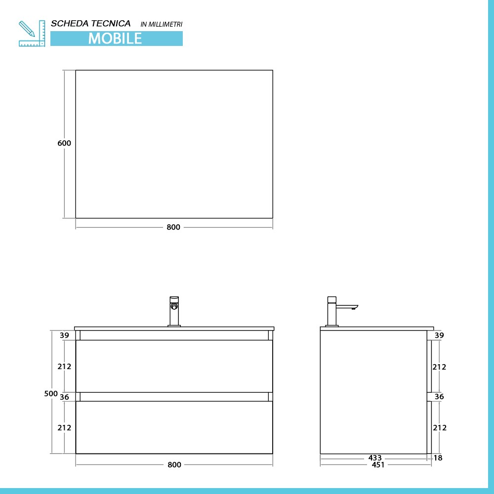 Mobile bagno sospeso 80 cm rovere africa con cassetti soft-close Kleo