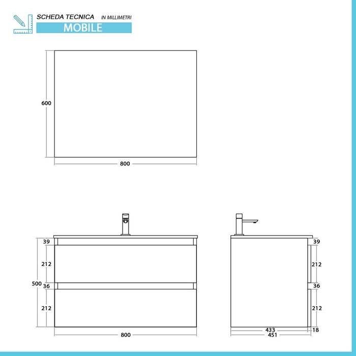 Mobile bagno sospeso 80 cm rovere africa con cassetti soft-close Kleo