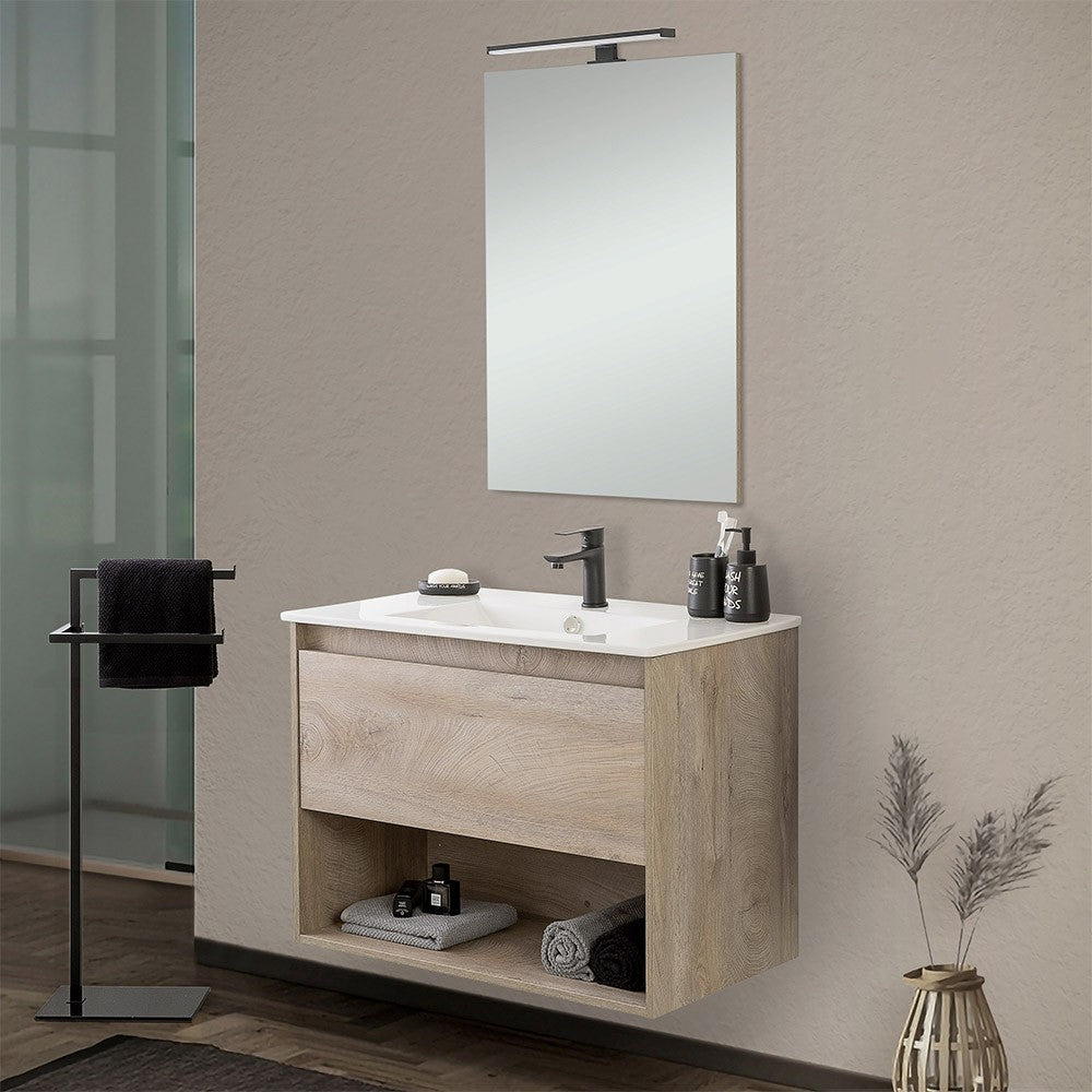 Mobile bagno sospeso 80 cm rovere alaska con cassetto e specchio Oasi