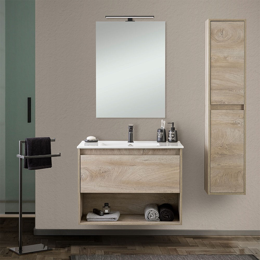 Mobile bagno sospeso 80 cm rovere alaska con cassetto e specchio Oasi