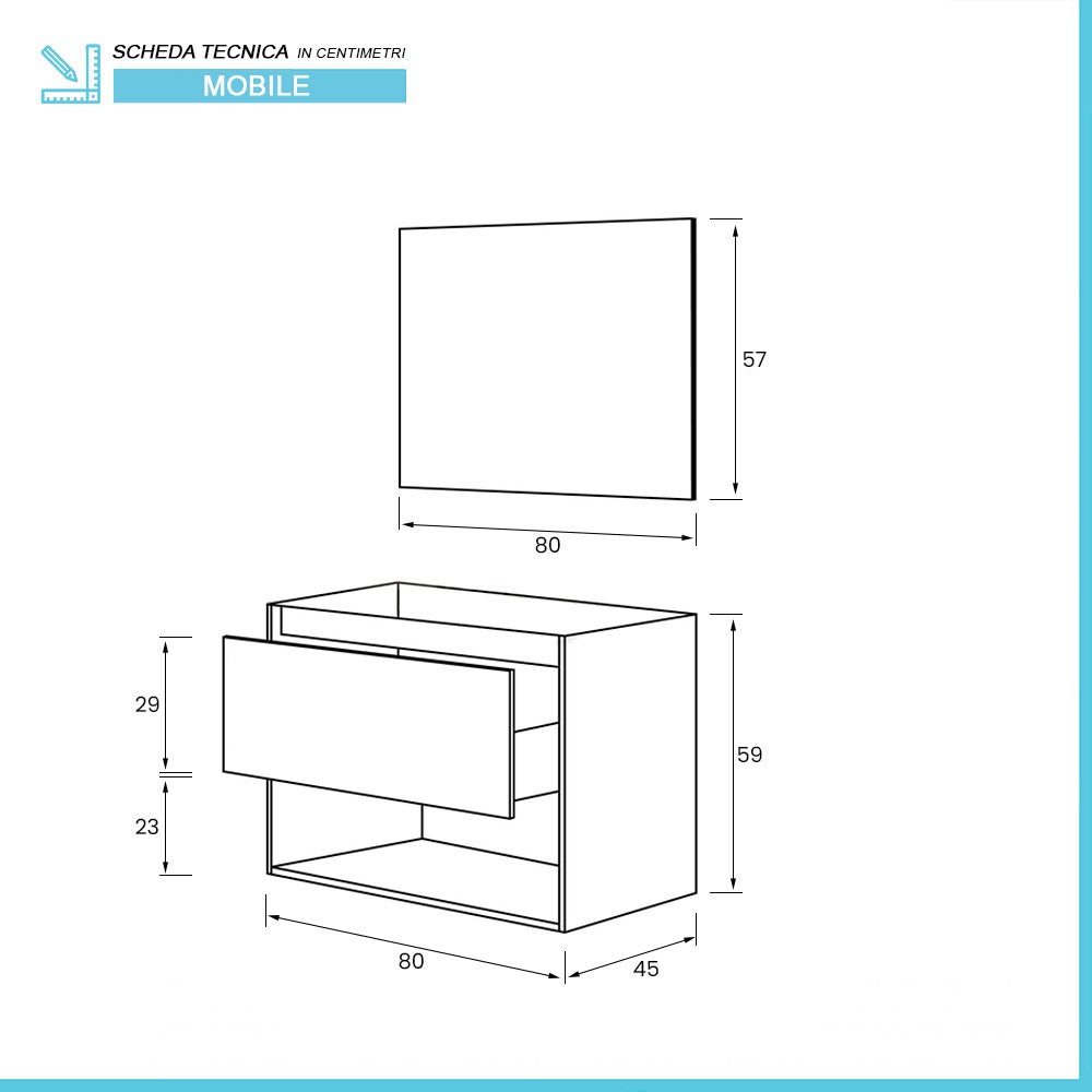 Mobile bagno sospeso 80 cm rovere alaska con cassetto e specchio Oasi