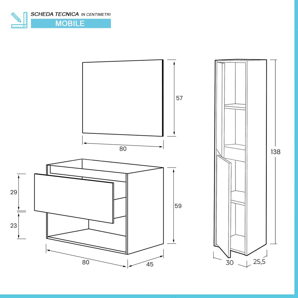 Mobile bagno sospeso 80 cm rovere alaska un cassetto con pensile e specchio Oasi