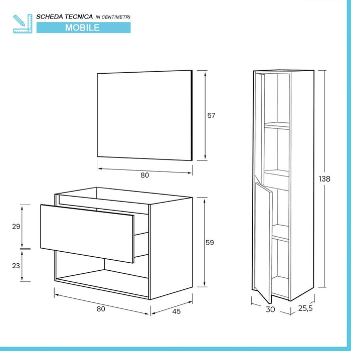 Mobile bagno sospeso 80 cm rovere alaska un cassetto con pensile e specchio Oasi