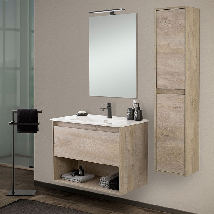 Mobile bagno sospeso 80 cm rovere alaska un cassetto con pensile e specchio Oasi