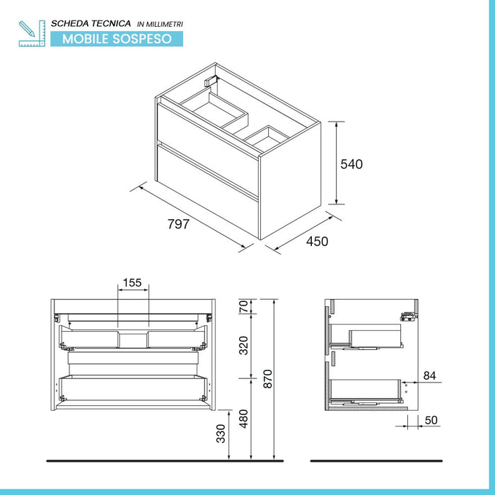 Mobile bagno sospeso 80 cm rovere bali con specchio e lavabo Gaya