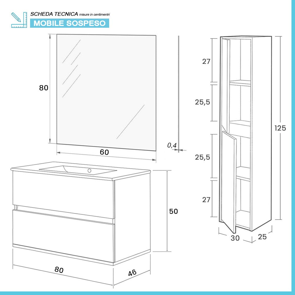 Mobile bagno sospeso 80 cm rovere naturale con pensile H 125 cm Nadia