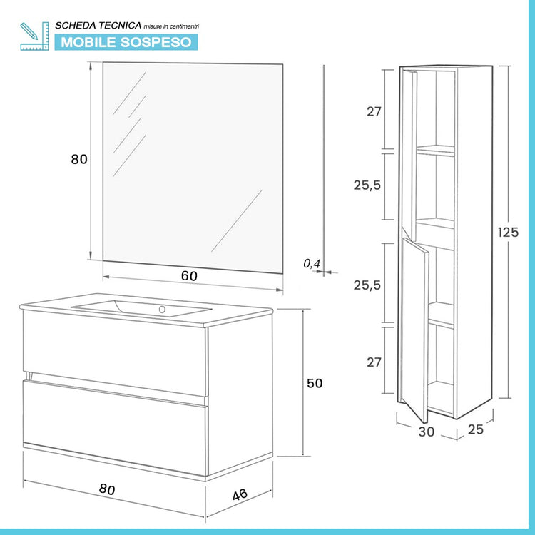 Mobile bagno sospeso 80 cm rovere naturale con pensile H 125 cm Nadia