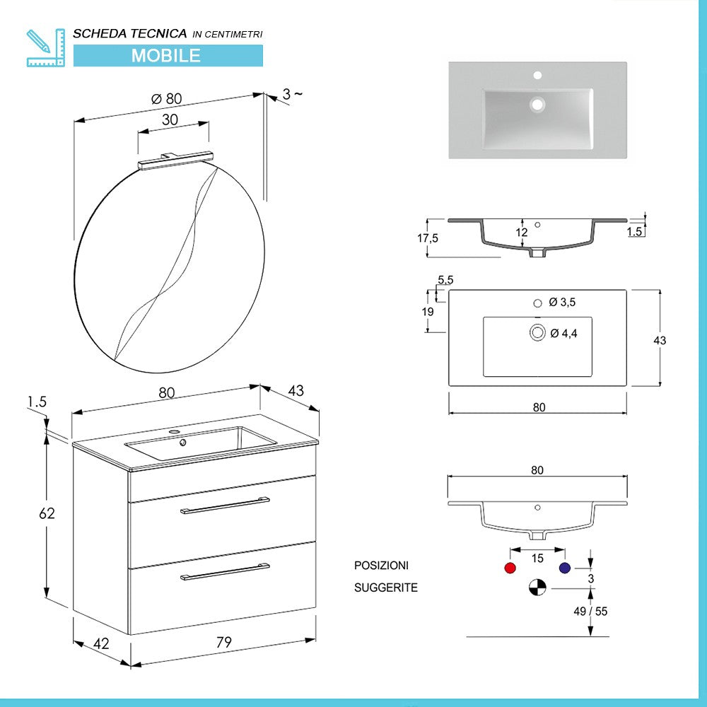 Mobile bagno sospeso 80 cm Smart grigio legno con lavabo e specchio