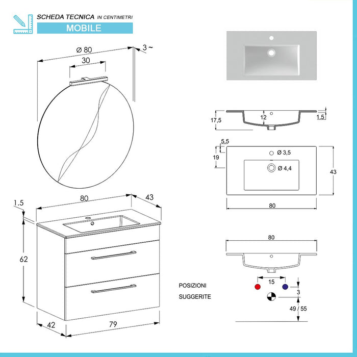 Mobile bagno sospeso 80 cm Smart grigio legno con lavabo e specchio