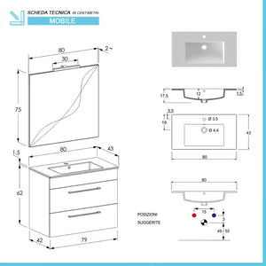 Mobile bagno sospeso 80 cm Smart grigio legno/lava con specchio 