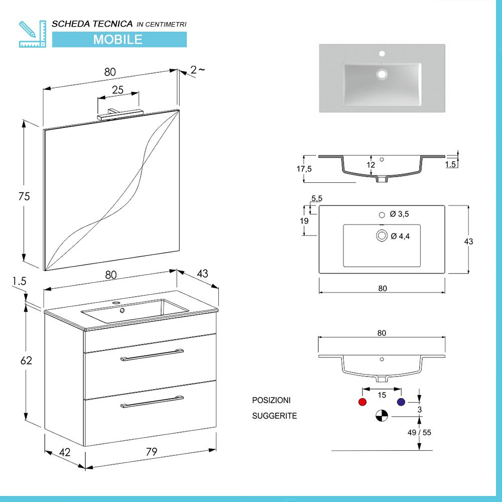 Mobile bagno sospeso 80 cm Smart olmo con lavabo e specchio