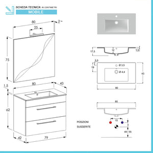 Mobile bagno sospeso 80 cm Smart olmo con lavabo e specchio