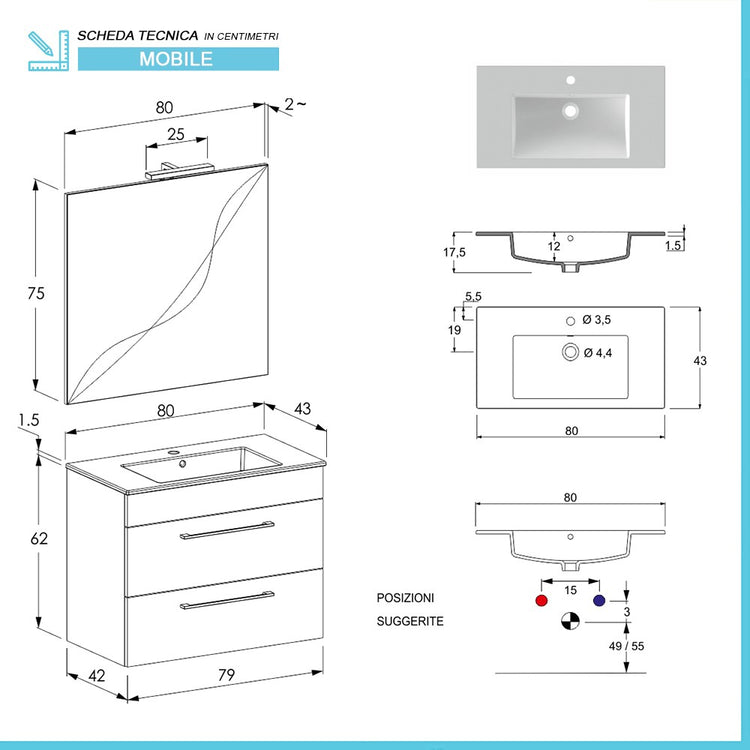 Mobile bagno sospeso 80 cm Smart olmo con lavabo e specchio