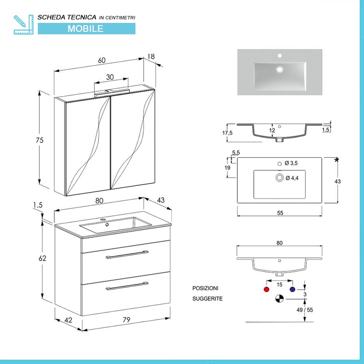 Mobile bagno sospeso 80 cm Smart olmo/lava con specchio contenitore