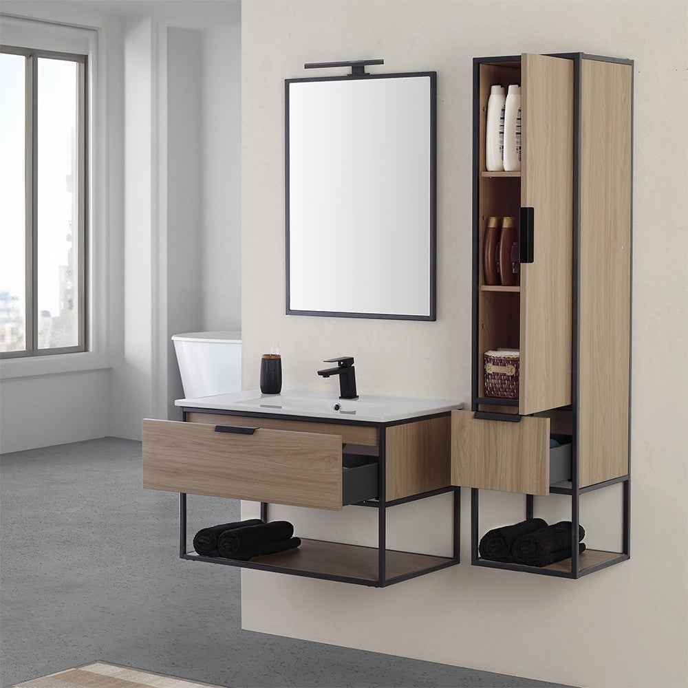 Mobile bagno sospeso 80 cm stile industrial nero e legno Baketo