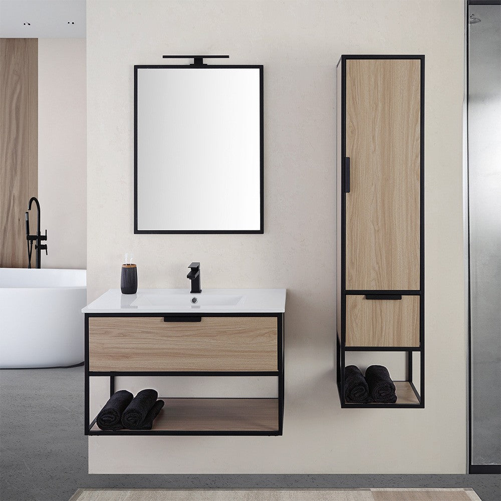 Mobile bagno sospeso 80 cm stile industrial nero e legno Baketo