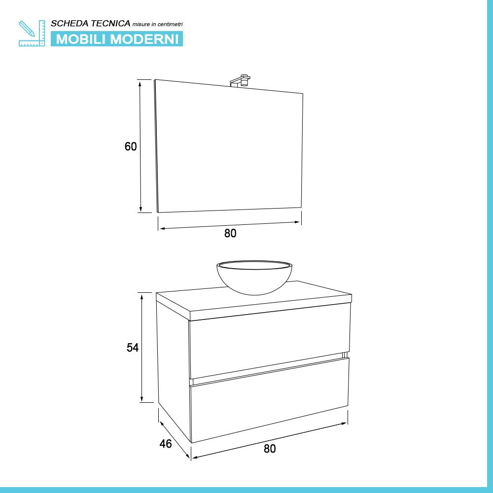 Mobile bagno sospeso 80 cm Town bianco top naturale per lavabo d'appoggio