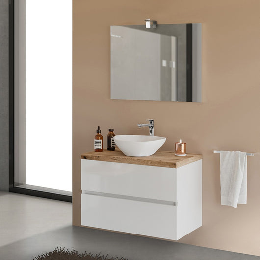 Mobile bagno sospeso 80 cm Town bianco top naturale per lavabo d'appoggio