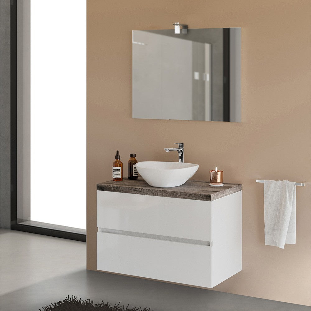 Mobile bagno sospeso 80 cm Town bianco top rovere per lavabo d'appoggio