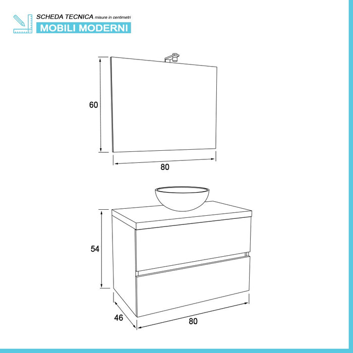 Mobile bagno sospeso 80 cm Town bianco top rovere per lavabo d'appoggio