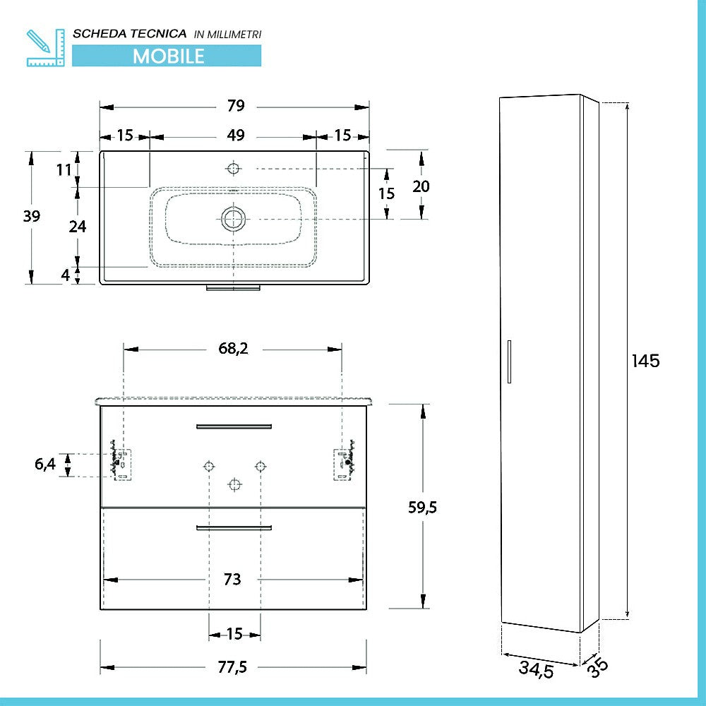 Mobile bagno sospeso 80 corda con pensile 145 lavabo e specchio Miami