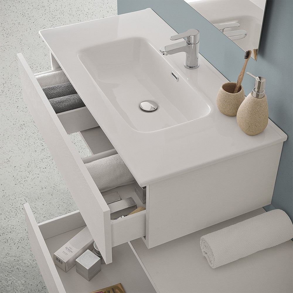 Mobile bagno sospeso 80 rovere bianco con 2 cassetti e pensile Nadia