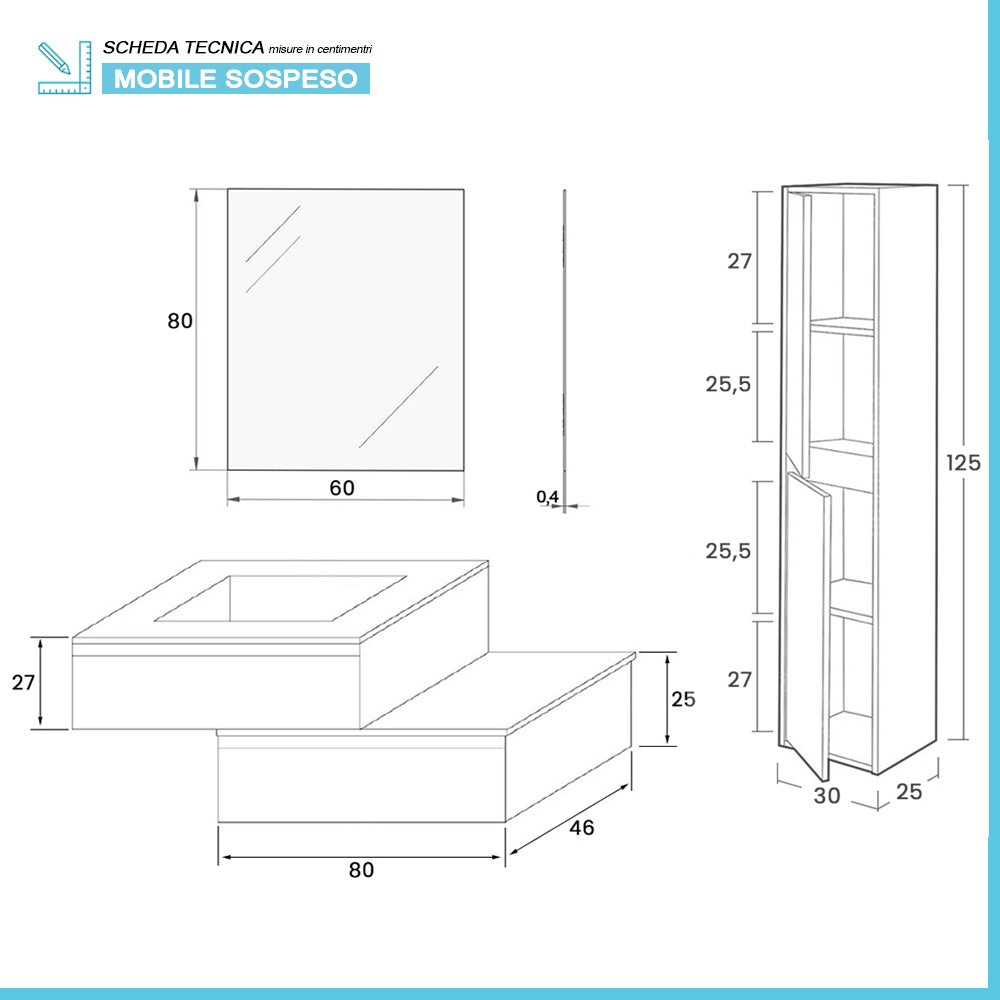 Mobile bagno sospeso 80 rovere bianco con 2 cassetti e pensile Nadia