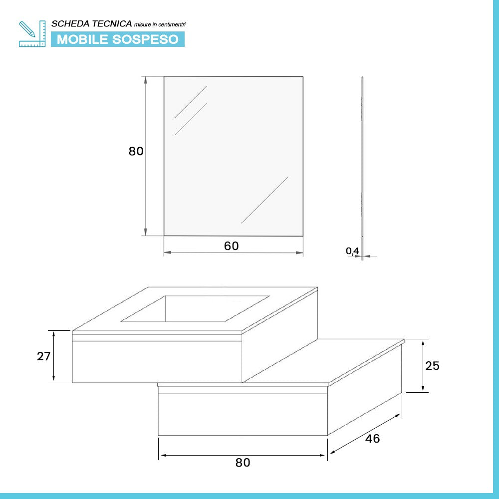 Mobile bagno sospeso 80 rovere bianco con base lavabo e cassetto Nadia