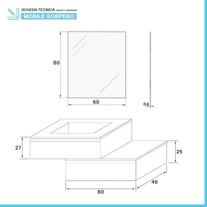 Mobile bagno sospeso 80 rovere bianco con base lavabo e cassetto Nadia