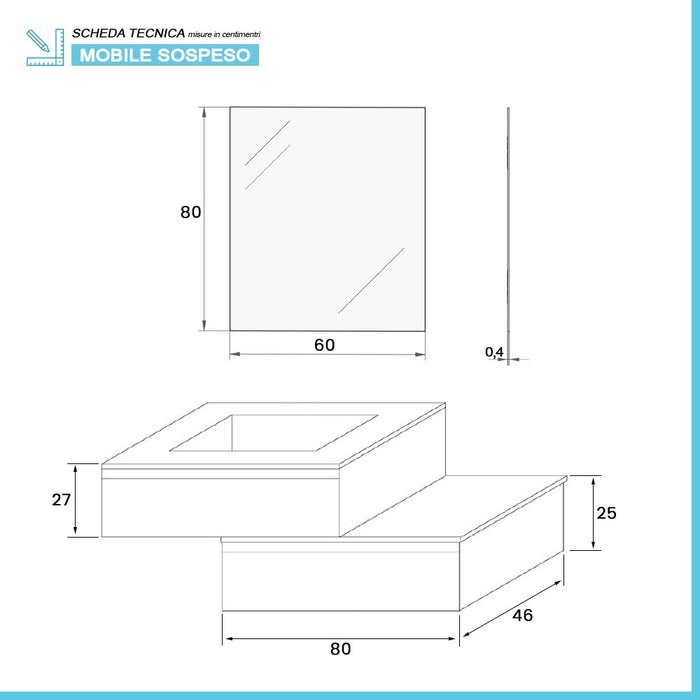 Mobile bagno sospeso 80 rovere bianco con base lavabo e cassetto Nadia