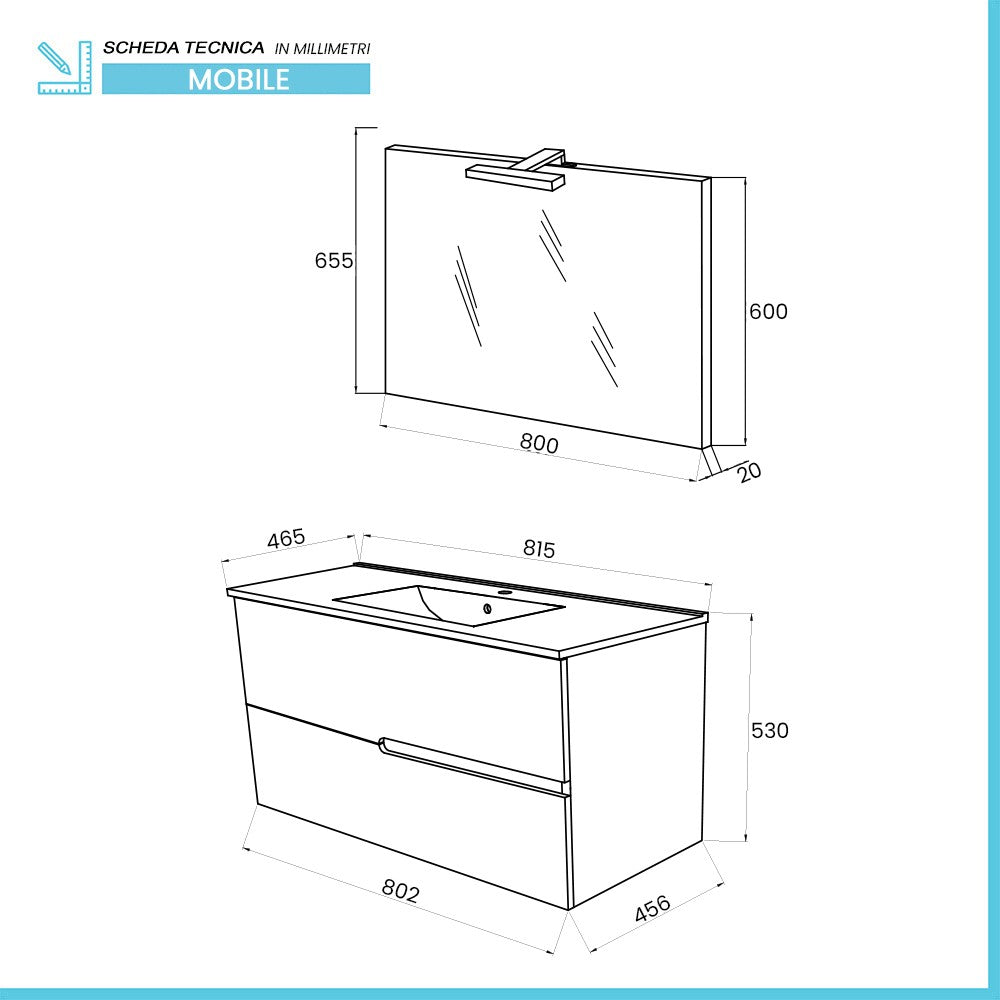 Mobile bagno sospeso 80 rovere grigio e bianco con lavabo e specchio Eva