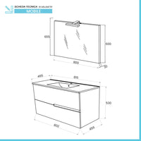 Mobile bagno sospeso 80 rovere grigio e bianco con lavabo e specchio Eva