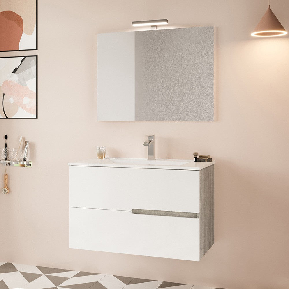 Mobile bagno sospeso 80 rovere grigio e bianco con lavabo e specchio Eva