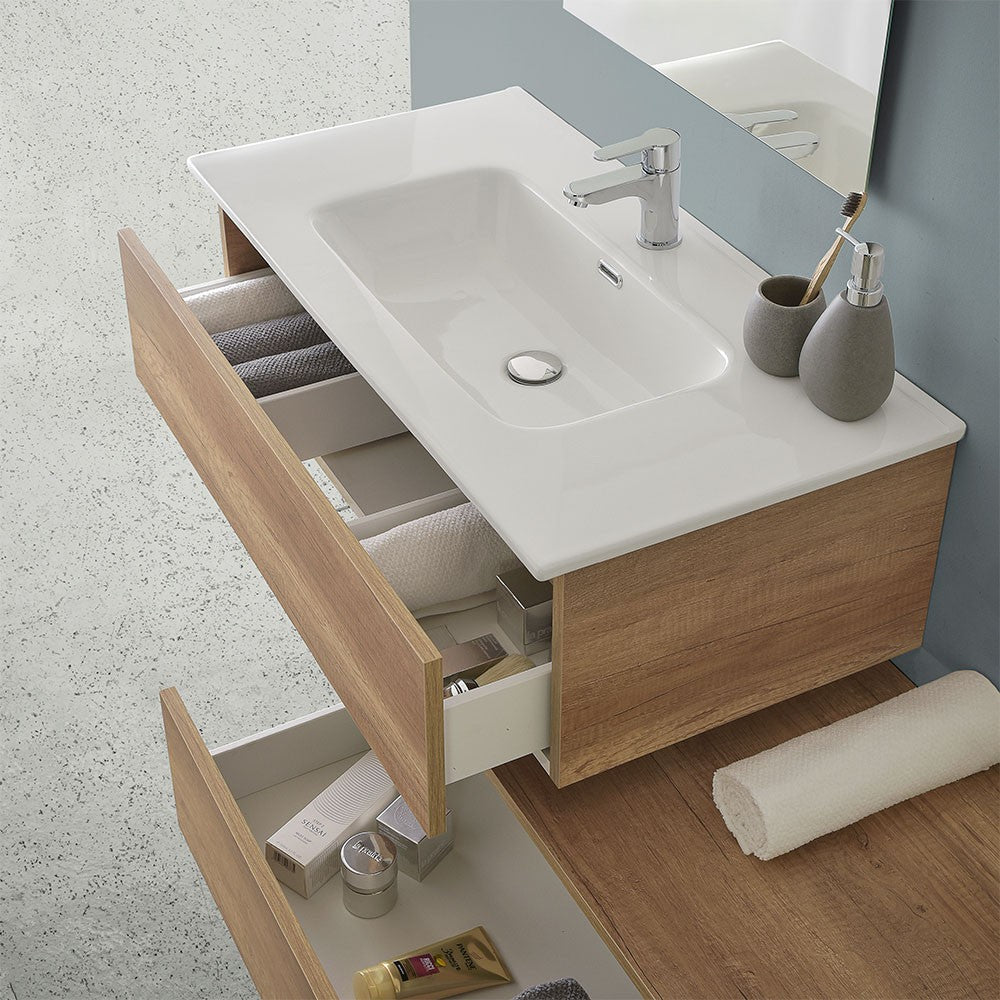 Mobile bagno sospeso 80 rovere naturale con 2 cassetti e pensile Nadia