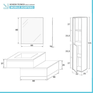 Mobile bagno sospeso 80 rovere naturale con 2 cassetti e pensile Nadia