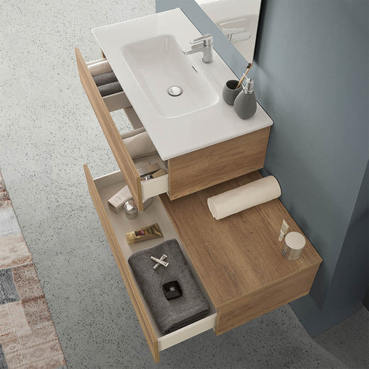 Mobile bagno sospeso 80 rovere naturale con 2 cassetti e pensile Nadia