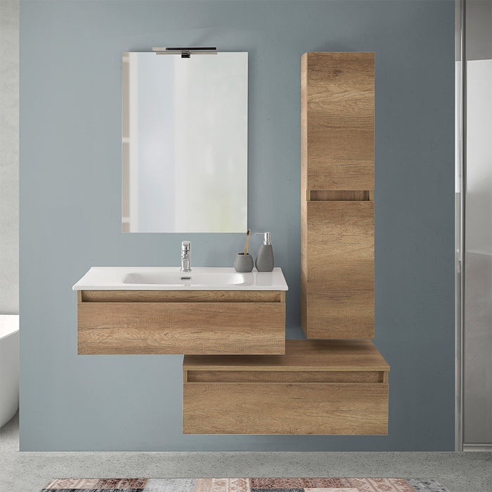 Mobile bagno sospeso 80 rovere naturale con 2 cassetti e pensile Nadia