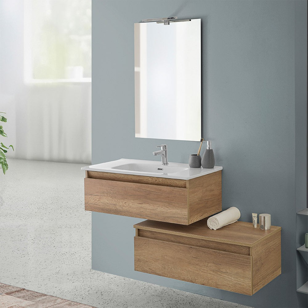 Mobile bagno sospeso 80 rovere naturale con base lavabo e cassetto Nadia