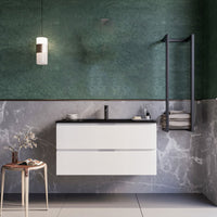 Mobile bagno sospeso 80cm bianco lavabo nero opaco specchio armony, selezione accessori specchio led retroilluminato