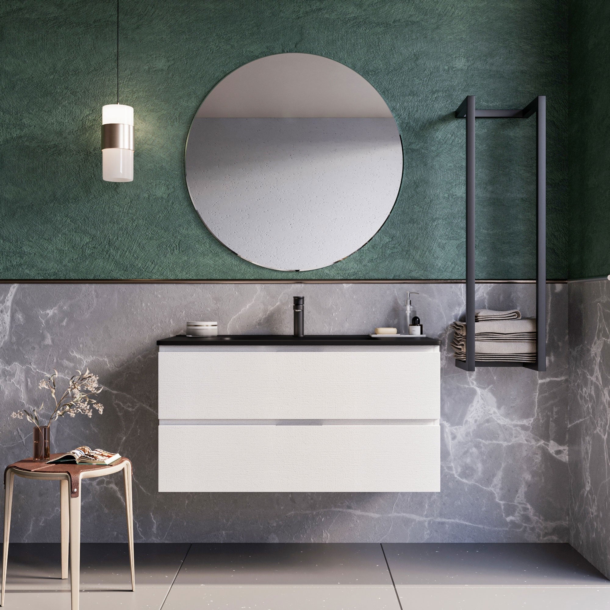 Mobile bagno sospeso 80 cm Bianco lavabo nero opaco Seattle con Specchio Bonussi