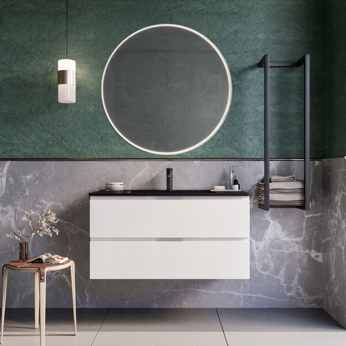 Mobile bagno sospeso 80cm bianco lavabo nero opaco specchio armony, selezione accessori specchio led retroilluminato