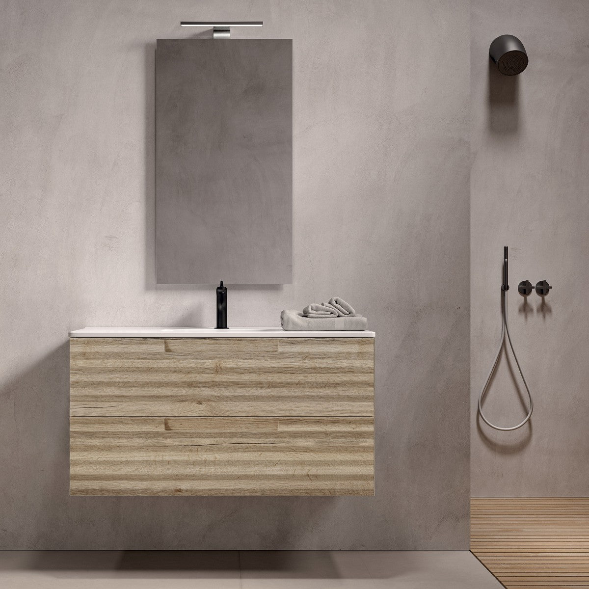 Mobile bagno sospeso 100cm rovere alba ondulato zen, selezione accessori con specchio