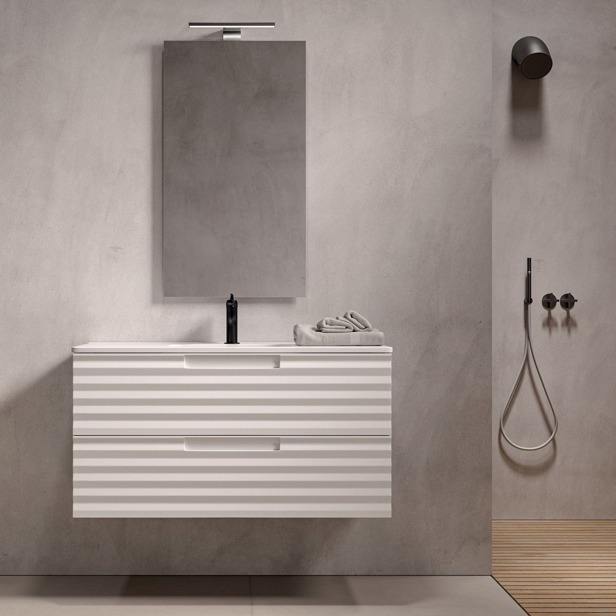 Mobile bagno sospeso 100cm bianco ondulato zen, selezione accessori senza specchio