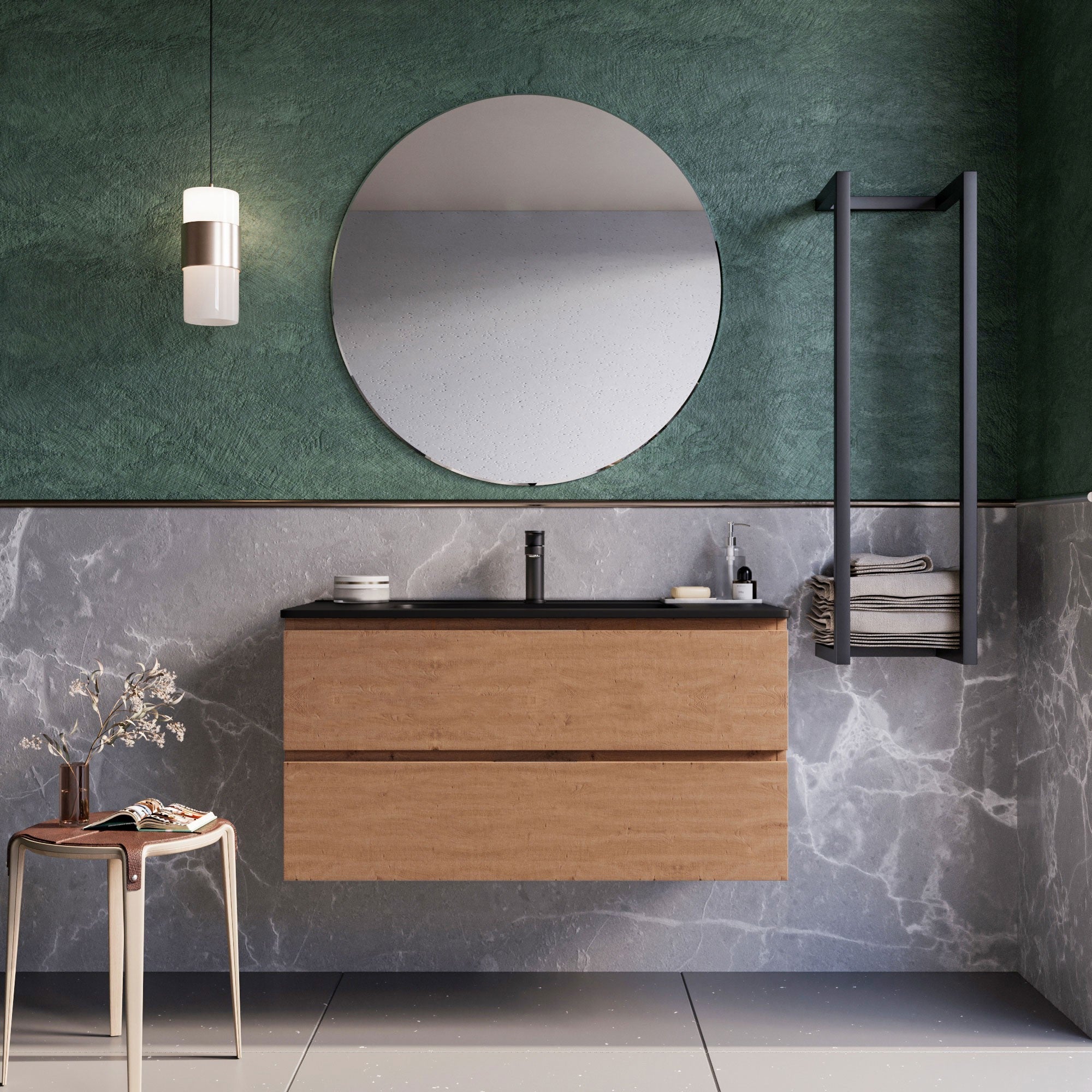 Mobile bagno sospeso 80 cm Rovere Cartagena lavabo nero opaco Seattle con Specchio Bonussi