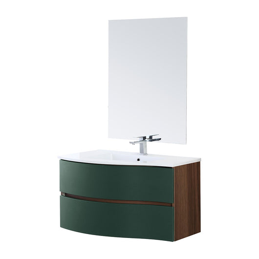 Mobile bagno sospeso 90 cm curvo Minori verde con lavabo e specchio