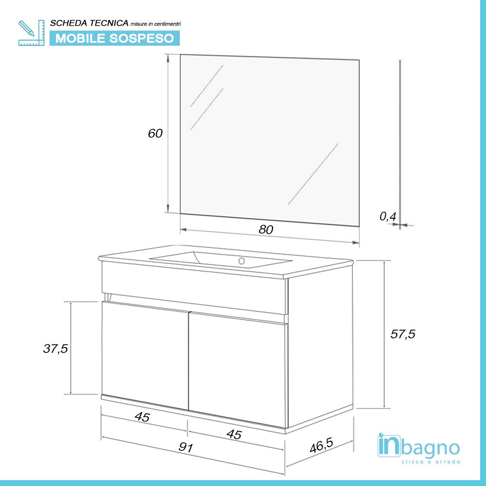 Mobile bagno sospeso da 90 cm Duble bianco lucido con lavabo e specchio