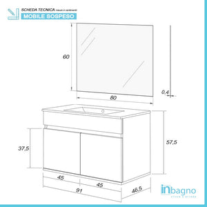 Mobile bagno sospeso da 90 cm Duble bianco lucido con lavabo e specchio