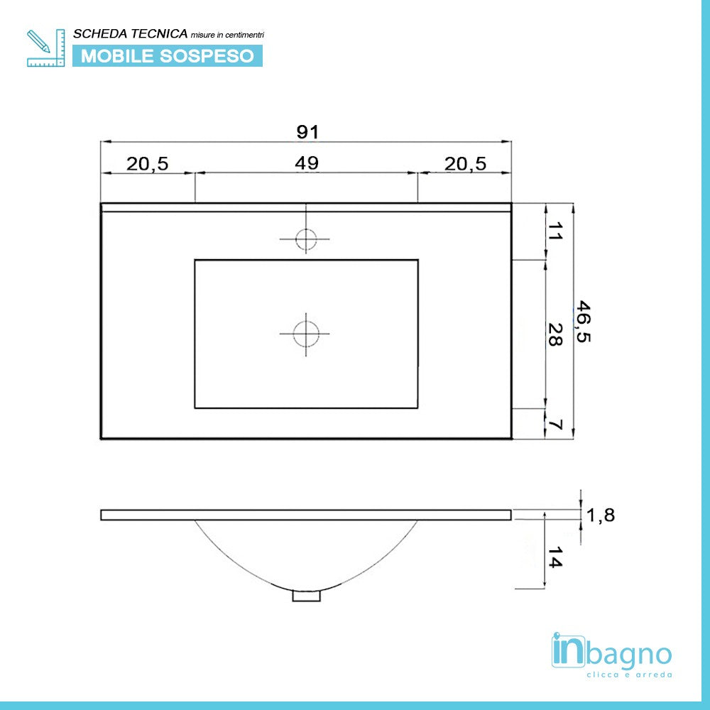 Mobile bagno sospeso da 90 cm Duble bianco lucido con lavabo e specchio