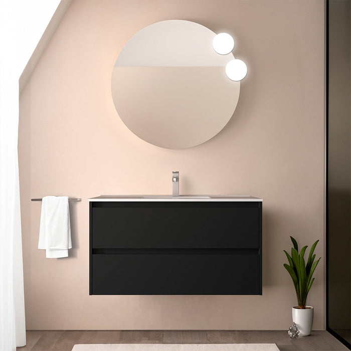 Mobile bagno sospeso 90 cm nero satinato con specchio e lavabo Gaya