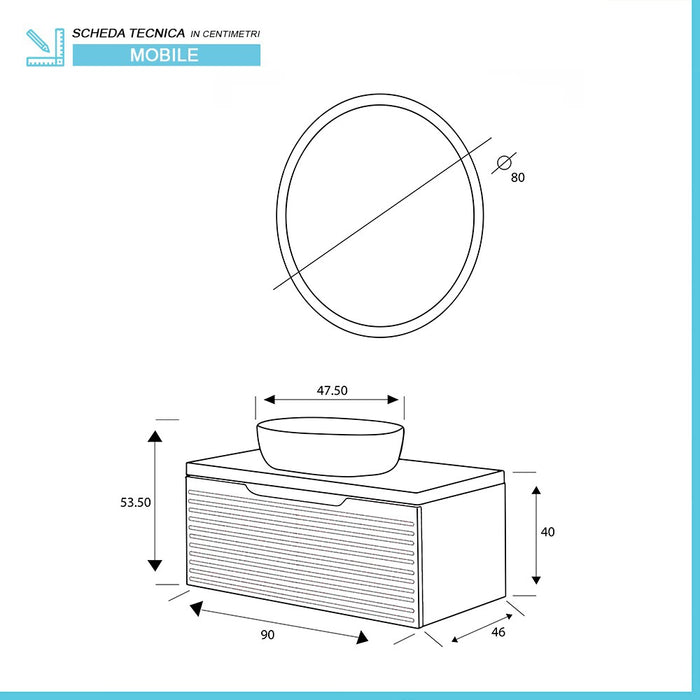 Mobile bagno sospeso 90 cm noce canaletto Ravello con lavabo in ceramica